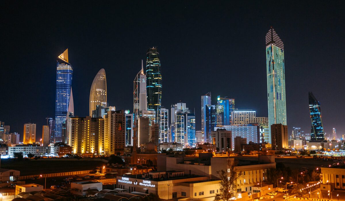 Panoramic View Of Kuwait City Skyline At Night